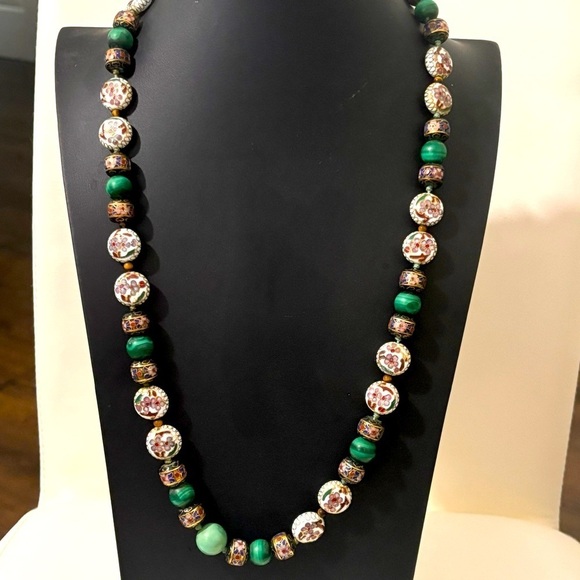 Fabulous Vintage chinese Cloisonné and malachite long necklace - Picture 2 of 8